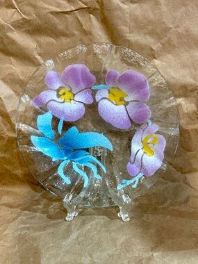Sydenstricker Fused Art Glass Plate Bowl Iris Floral Pattern Ruffled Edges 8.25”